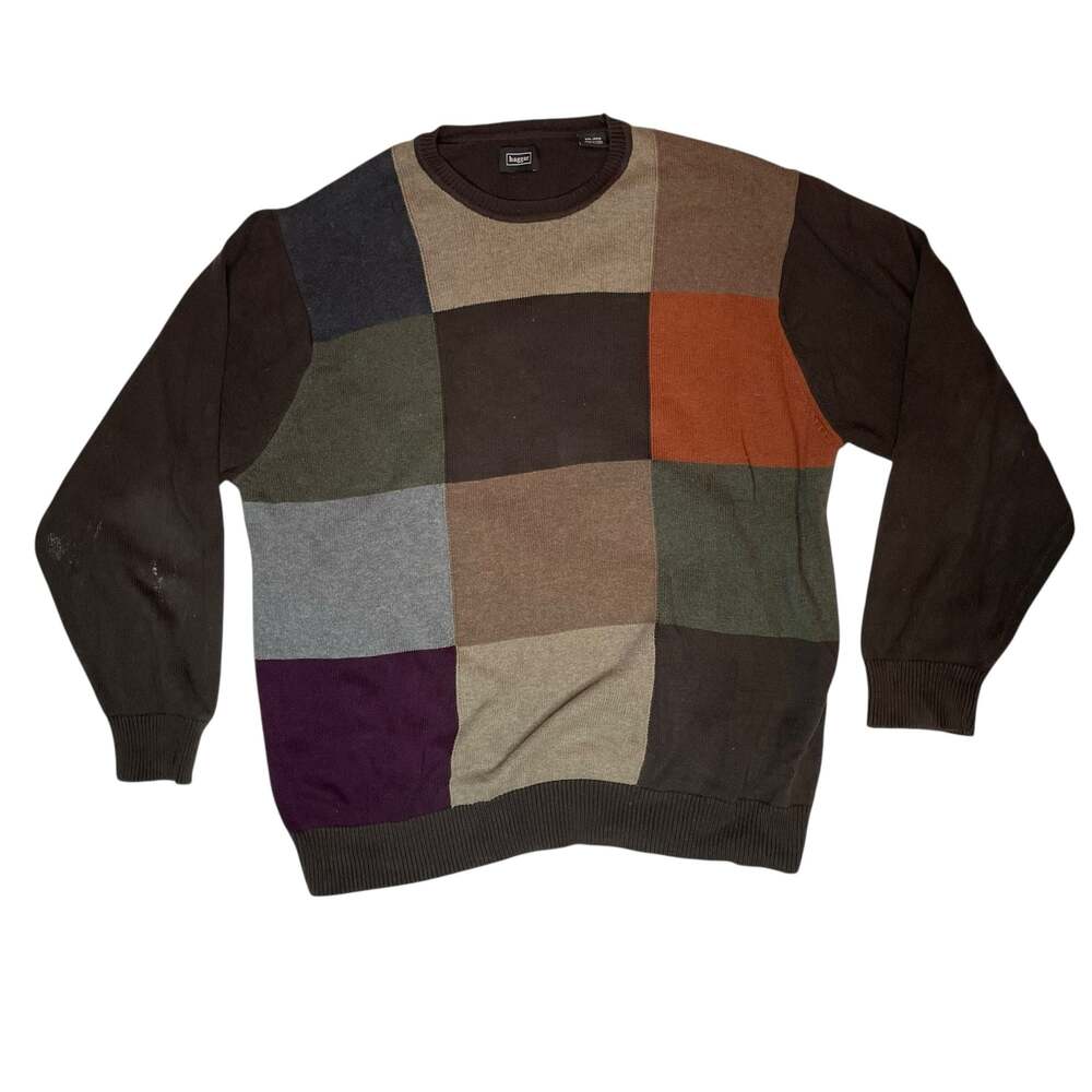 Haggar Colorblock Sweater Mens XXL Brown Patchwork Crewneck